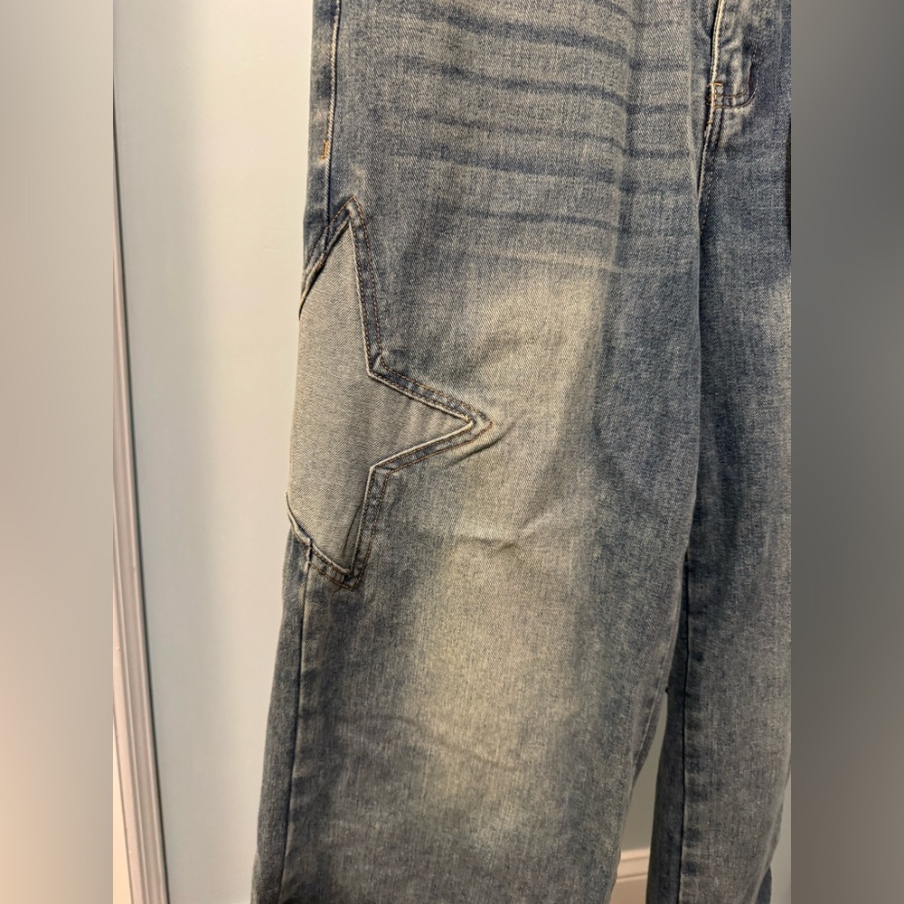 New Cali 1850 star patched low rise baggy blue jeans Sz 11 denim 30 tinted wash - Picture 8 of 16